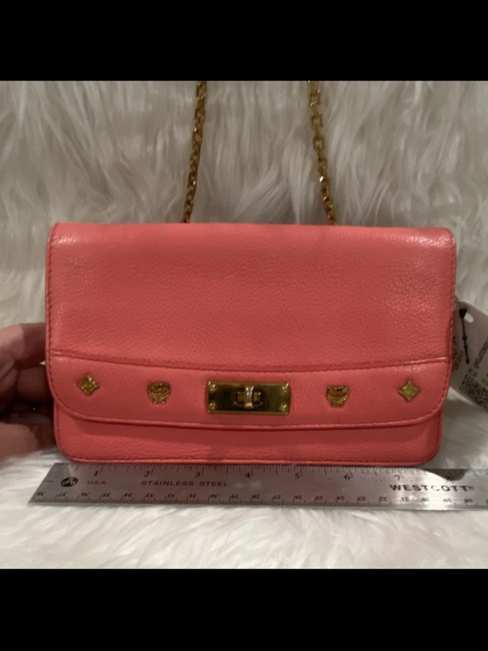 MCM- AUTHENTIC 🍀 Coral Pink Leather Chain Strap Crossbody with Gold Accents